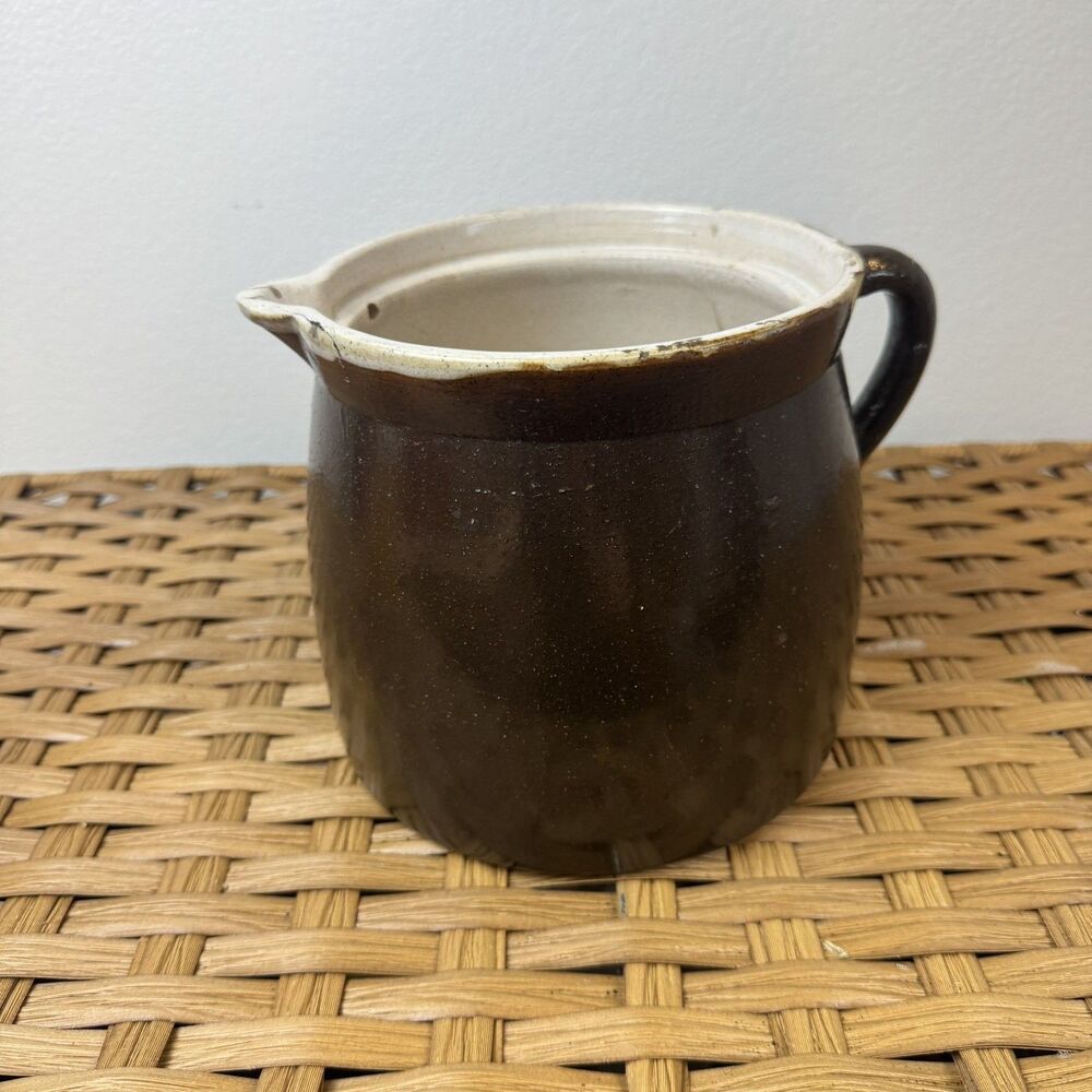 Vintage Brown Stoneware Pottery Pitcher Creamer Primitive Farmhouse Rustic 7”